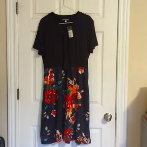 Oxiuly Black Dress with Floral Print and Bowtie